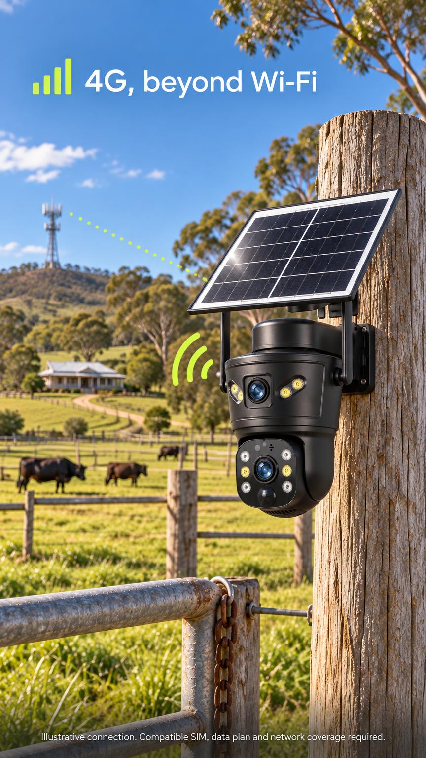 Illustration of a farm camera connecting to a distant cellular tower; compatible coverage and a paid data plan are required