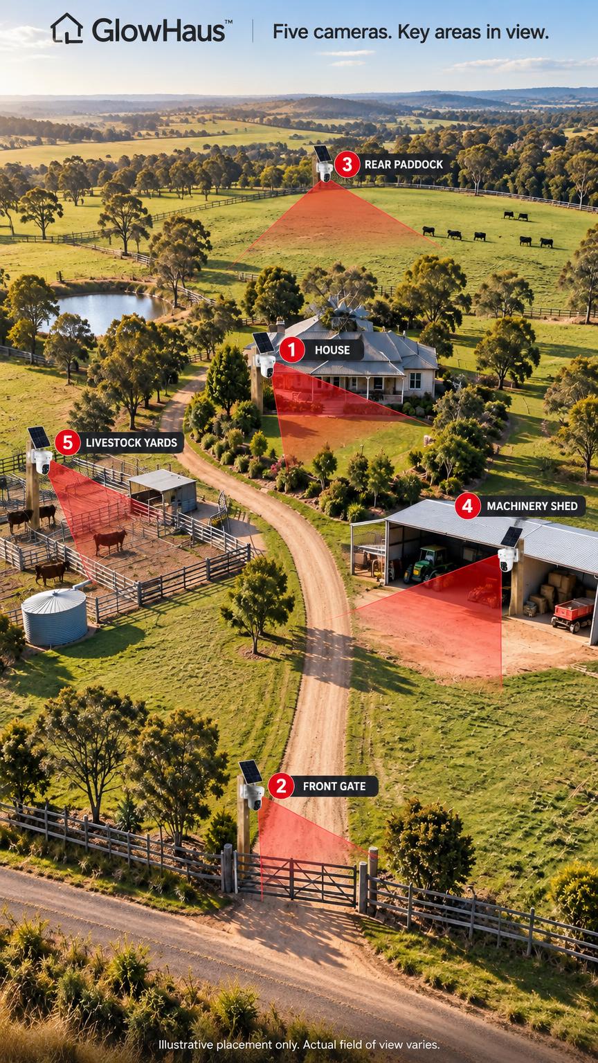 Illustrative aerial farm view showing five camera positions with red coverage beams