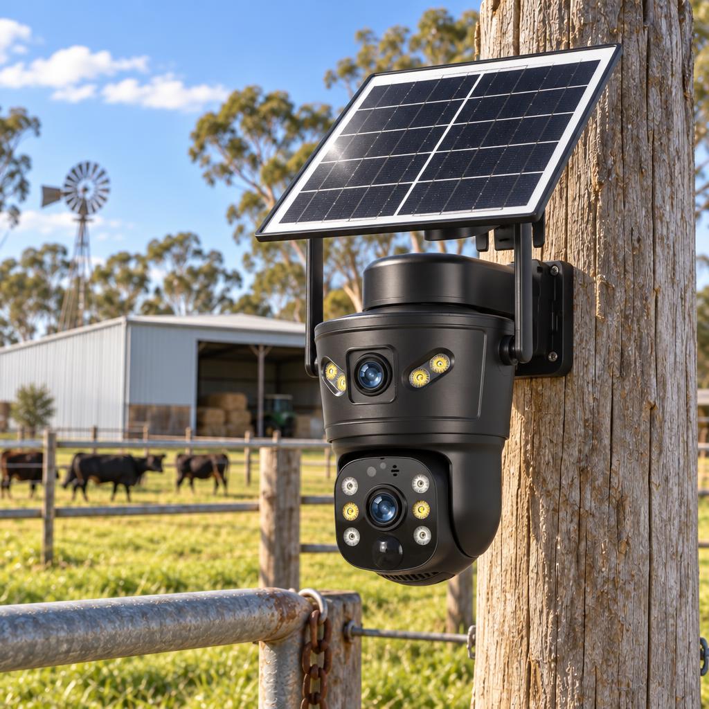 AI-created close-up of the solar camera beside a farm machinery shed