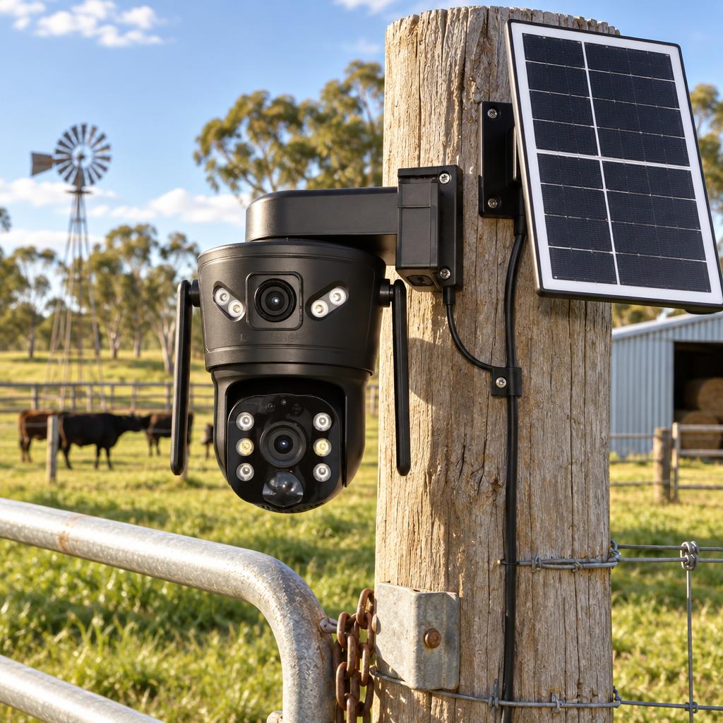 Illustrative solar camera installation overlooking a sunlit farm
